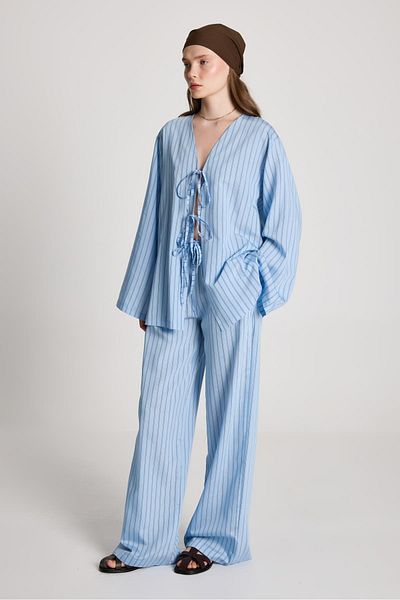 minaaise Darrell Striped Tie-Up Shirt/Pants Suit Blue