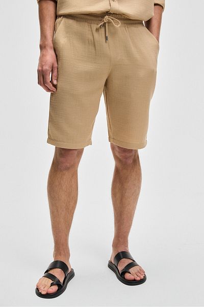 GRIMELANGE Jens Men's 100% Cotton Muslin Fabric Slim Fit Beige Shorts with Side Pockets
