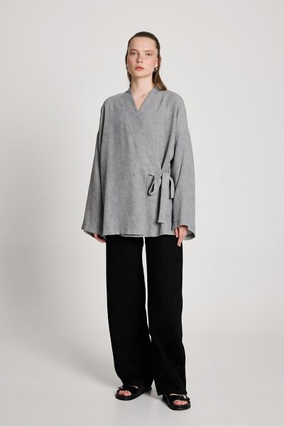 minaaise Bellamy Laced Linen Kimono Gray