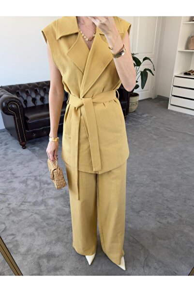 QİMYA BUTİK MAGARDE Women's Mid-Length Belted Vest and Loose Trousers Double Linen Set