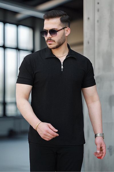 Valiberta Lycra Knitted Half Zipper Polo Neck Men's T-Shirt - Black