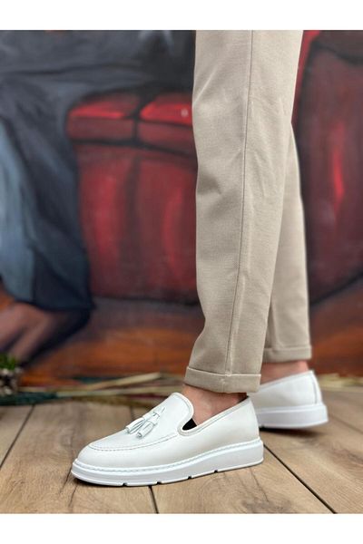 Byshoes BA0005 Laceless High Sole Classic White Tassel Men's Shoes
