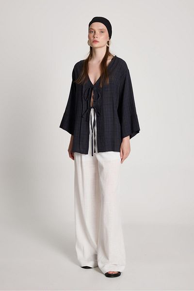 minaaise Kimono de damă, antracit, cu model, cu cravată în față 29138