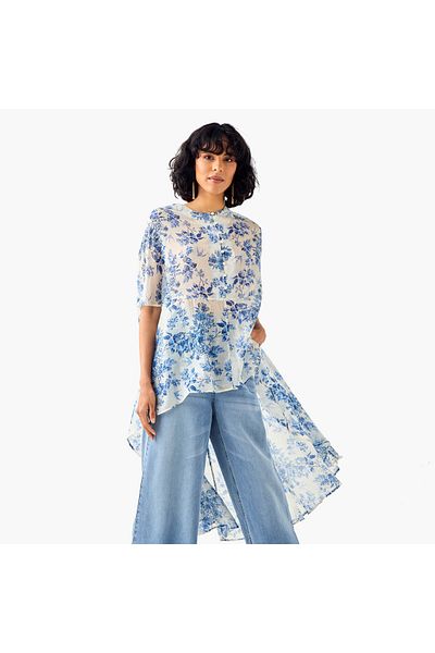 Iconic All-Over Floral Print High Low Cape Top