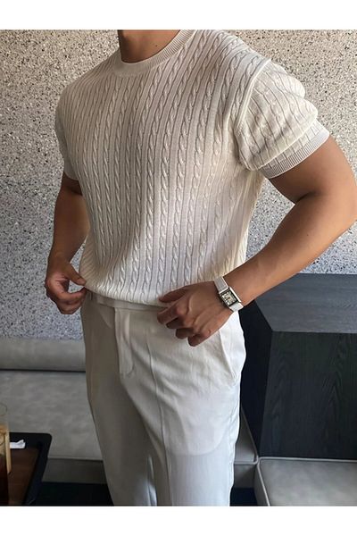 COTTONLAB Ανδρική κοντομάνικη πλεκτή μπλούζα με λαιμόκοψη