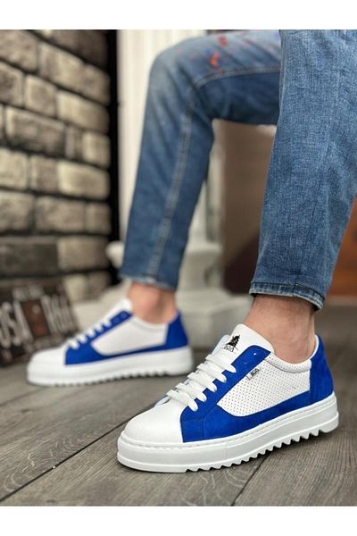 Byshoes BA0323 BOA Thick Serrated High Sole White Blue Lace-Up Sports Men's Shoes