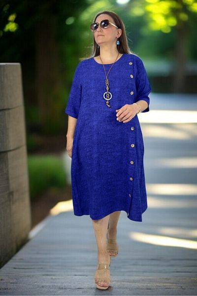 yagmurberen Side Boydan Wood Button Detail Brieve Sleeve with Pocket Intermediate Length Plus Size Cotton Viscose Dress