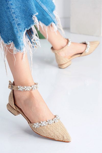 Gökçe Shoes حذاء باليه نسائي بحزام وردي من القش