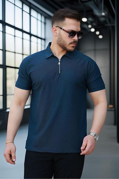 Valiberta Lycra Knitted Half Zipper Polo Neck Men's T-Shirt - Navy Blue
