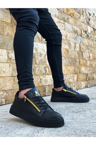Bukond Thick High Sole Double Zipper Black Men's Shoes