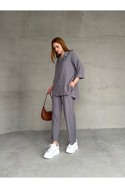 Cappmoda Tkm-03660 Smoked Casual Double Half Sleeve Side Slit Shirt Waist Elastic Pants Two Piece Set