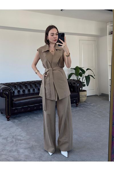 QİMYA BUTİK MAGARDE Women's Mid-Length Belted Vest and Loose Trousers Double Linen Set