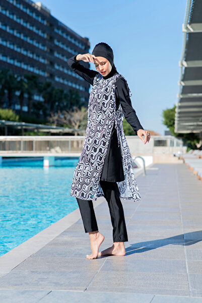 Ruko Maio RUKOMAYO SİYAH-BEYAZ DESENLİ YAN BAĞLAMALI ESNEK ŞİFON KUMAŞ PAREO