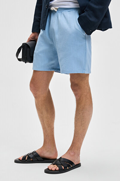 GRIMELANGE LEYTON Erkek Relaxed Fit Çift Cepli Beli Lastikli Keten Karışımlı Dokuma Mavi Şort & Bermuda