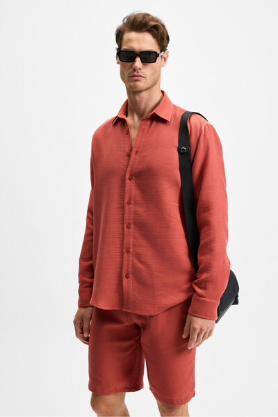 GRIMELANGE Jens Erkek %100 Pamuk Müslin Kumaş Yanları Cepli Slim Fit Dar Kesim Kiremit Rengi Şort