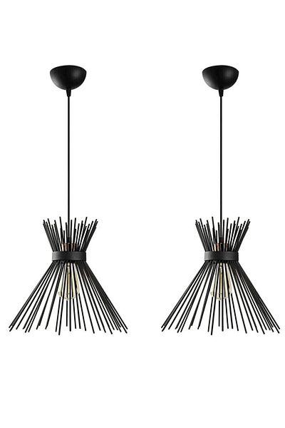 Modavize Small Kirpi Living Room - Kitchen Cafe Metal Black Pendant Lamp Chandelier - 2 Pieces