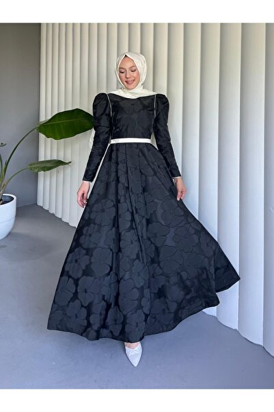 Modamorfo Belted Balloon Skirt Cold Print Caftan Evening Dress -Black