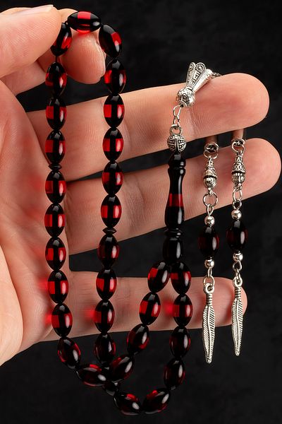 OTTOTESBİH Men's Barley Cut Red Vertical Powder Amber Prayer Beads