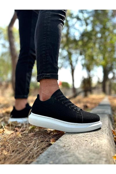 Byshoes Knack High Sole Casual Shoes 044 Black Suede (White Sole)