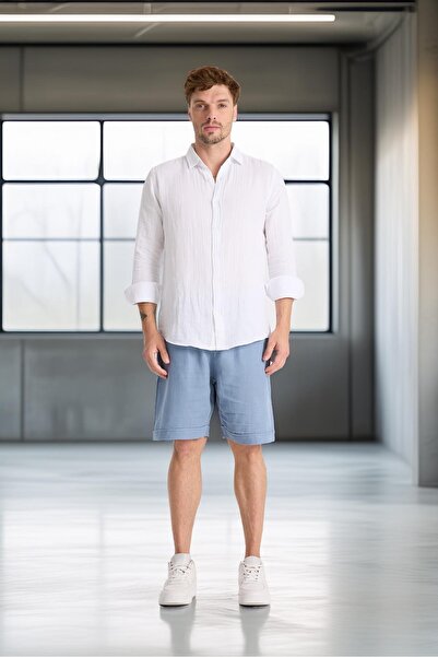 Valiberta Hafif Ve Rahat Duble Paça Müslin Erkek Şort - Soğuk Mavi