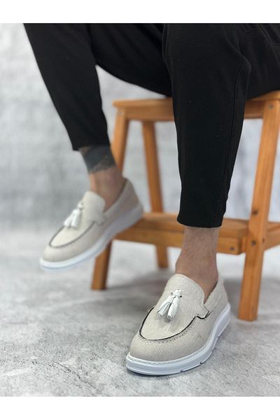 Byshoes Ba0005 Laceless High Sole Classic Linen White Tassel Men's Shoes