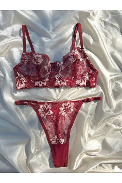 ARONA Crimson Bloom – Bordo Brode Çiçekli Dantelli Takım (Desteksiz)