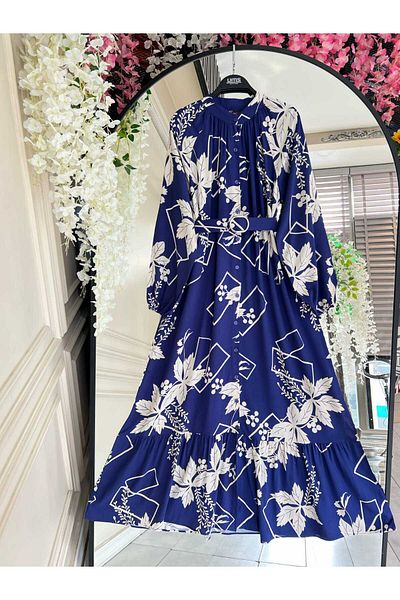 PİNK FLY Flower and Figure Pattern Red Viscose Dress