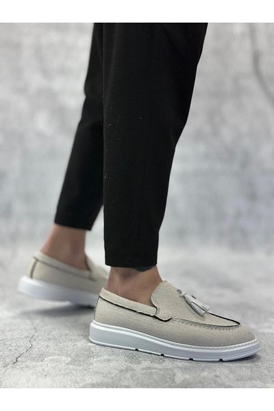 Byshoes Ba0005 Laceless High Sole Classic Linen White Tassel Men's Shoes