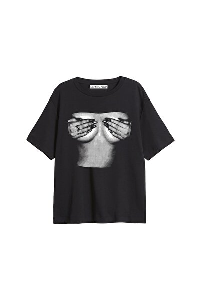 CİNEMA MODA Silhouette Boobs V2 Baskılı Relaxed Fit Siyah Kadın Tshirt