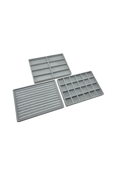 MeGass Dekor Suede Fabric Gray Color 34/24 cm Set of 3 Jewelry Trays in Drawer