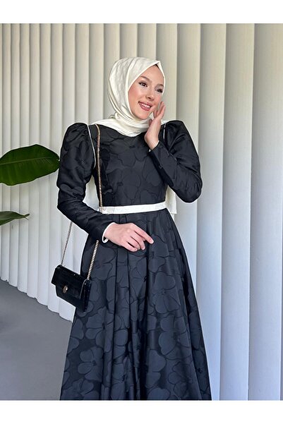 Modamorfo Belted Balloon Skirt Cold Print Caftan Evening Dress -Black