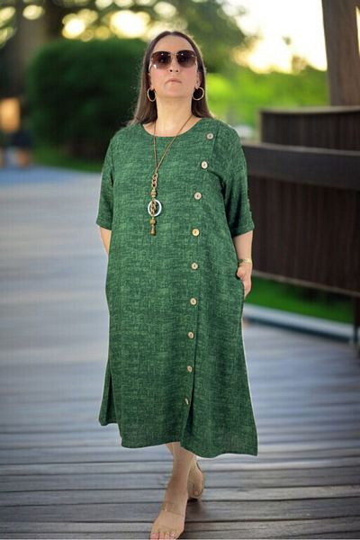 yagmurberen Side Boydan Wood Button Detail Brieve Sleeve with Pocket Intermediate Length Plus Size Cotton Viscose Dress