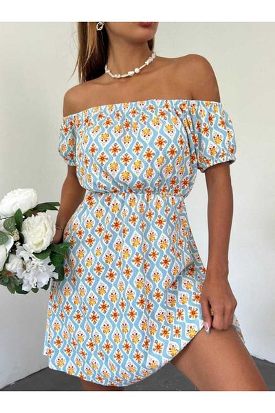 gigigiyim Rochie de damă cu decolteu barcă din țesătură cu model floral, albastru bebeluș