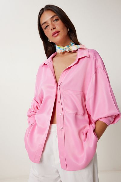 Lovelyİstanbul Cămașă oversize din țesătură din satin ROZ LNS0026