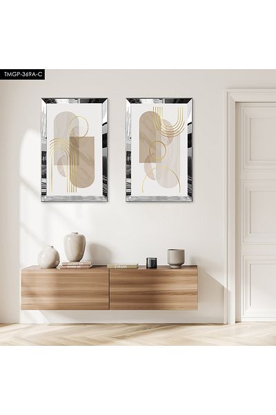 Zevahir Mobilya Dekorasyon SET DE PICTURI DECORAȚII BILATERALE MDF MODERNE FORME ABSTRACTE CU CADRU DE PLEXY CU OGLINDA ARGINTIE FOND ALB