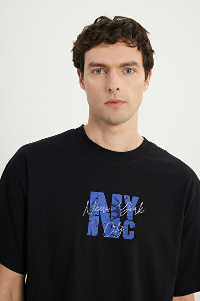 AC&Co / Altınyıldız Classics Men's Black-Navy Blue Oversize 100% Cotton Wide Cut Printed Crew Neck T-Shirt