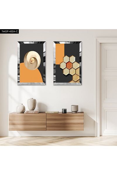 Zevahir Mobilya Dekorasyon SET DE TABLĂ MDF BINARĂ CU FORME ABSTRACTE CU MARGINE HEXAGONĂ COLORĂ CU CADRU DE PLEXY CU OGLINDĂ DE ARGINT