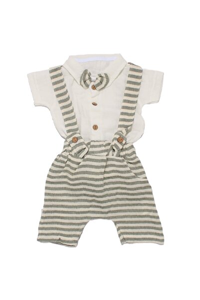 bebegen Baby Boy Ecru Green Striped Muslin Bow Tie Shirt Salopet Set
