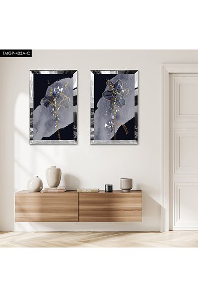 Zevahir Mobilya Dekorasyon SET DE MASA DECORATIVĂ DUBĂ MDF CU CADRU DE PLEXY CU OGLINDĂ DE ARGINTĂ FOND NEGRU FORMĂ ABSTRACTĂ