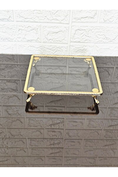 atabey home Glass Small Square Serving Plate-Presentation Plate-Presentation Tray-Presentation Tray-Dumped Gold Frame and 4 Legs 22cm