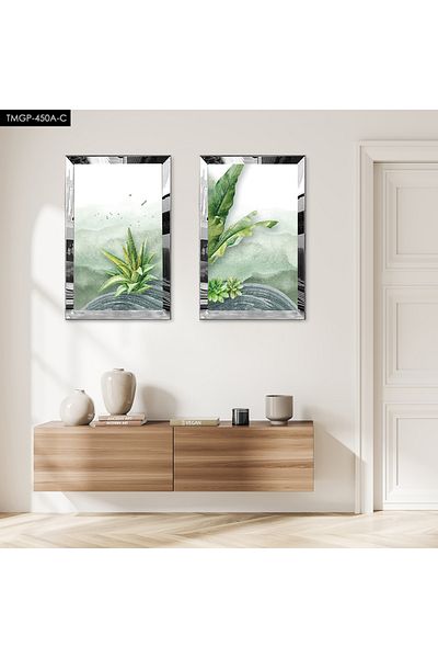 Zevahir Mobilya Dekorasyon SET DE MASA MODERN BILATERAL MDF PLANTE VERDE CU CADRU DE PLEXY CU OGLINDA SILVER
