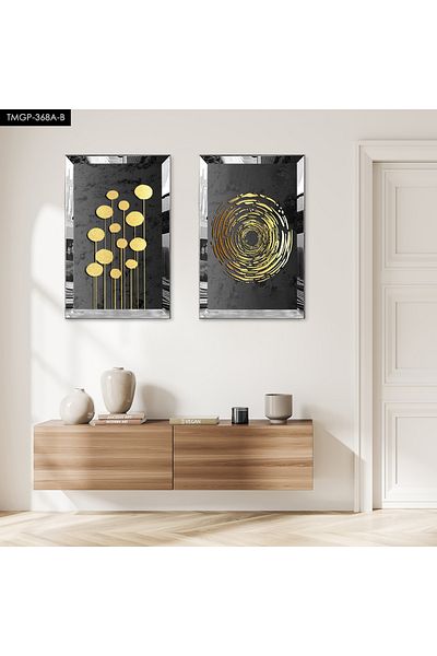Zevahir Mobilya Dekorasyon SET DE MASA MDF DUBLA CU CADRU DE PLEXY CU OGLINDA ARGINTIE FOND NEGRU FLORI MODERNE DE AUR
