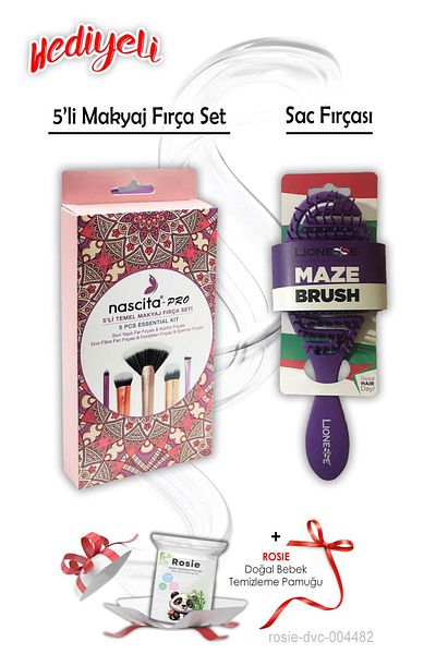 Tarko Basic Makeup 5 Brush Set and Hair Brush Oval Purple Rosie Gift