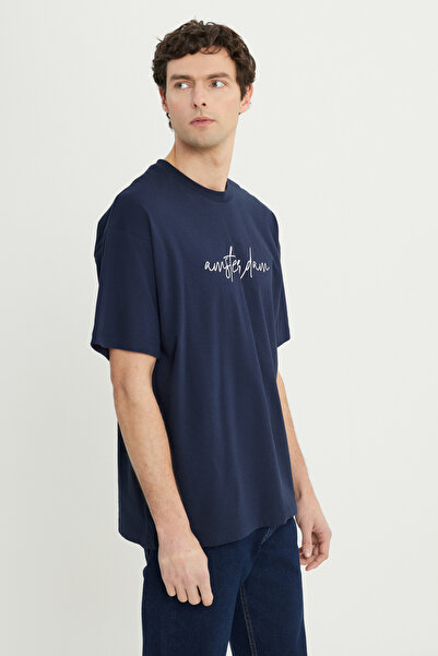 AC&Co / Altınyıldız Classics Ανδρικό μπλουζάκι με λαιμόκοψη με λαιμόκοψη, 100% βαμβακερό, μπλε-λευκό oversize