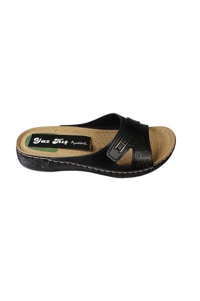 Yaz Kış Ayakkabı Yazkiş Women's Black Skin Comfort Sole Comfort Slippers with Small Belt