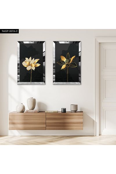 Zevahir Mobilya Dekorasyon SET DE MASA DECORATIVA BILATERALA MDF CU CADRU DE PLEXY CU OGLINDA ARGINTIE FOND NEGRU FLORE DE AUR