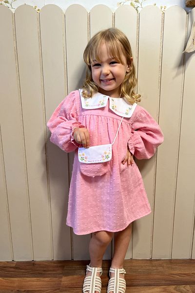 Minipodyum Baby Girl Embroidered Peter Pan Collar Muslin 100% Cotton Bag Dress