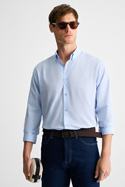 GRIMELANGE Ανδρικό πουκάμισο Rısto με κουμπιά με υφασμάτινη μανσέτα μπλε που μειώνει την ανάγκη σιδερώματος μετά το πλύσιμο