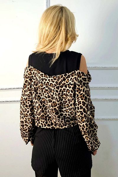 FashionForYou Cămașă de damă ATLAZ din satin, cu imprimeu simplu și animal print, Leopard, Mărime S/M
