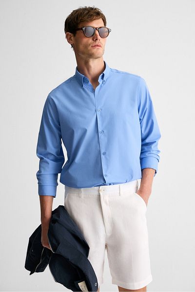 GRIMELANGE Risto Men's Buttoned Fabric Costume Dark Blue - Climbing Collar with Cuffs for Whom Needs Üterrä
